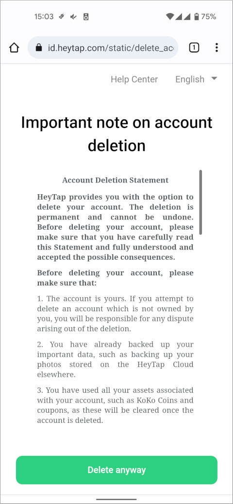 HeyTap Account Important note on account deletion