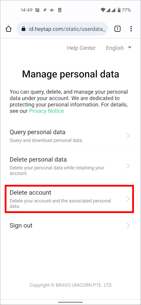 HeyTap Account Manage personal dat
