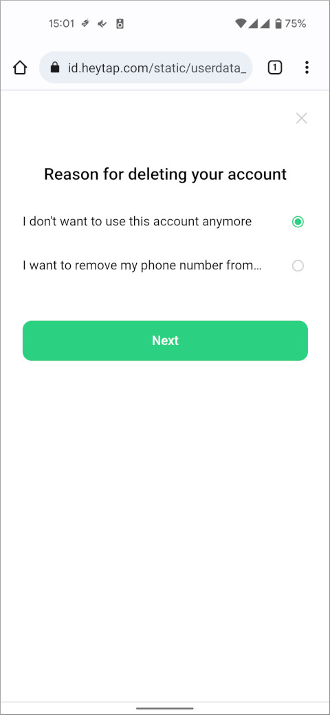 HeyTap Account Reason for deleting your account