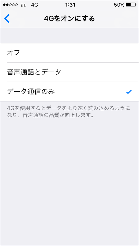 iPhone「4Gをオンにする」画面