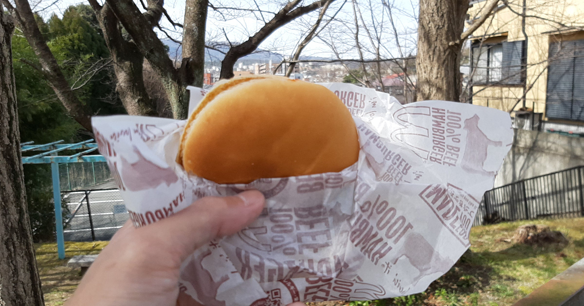 公園で食べるマクドナルドのハンバーガー