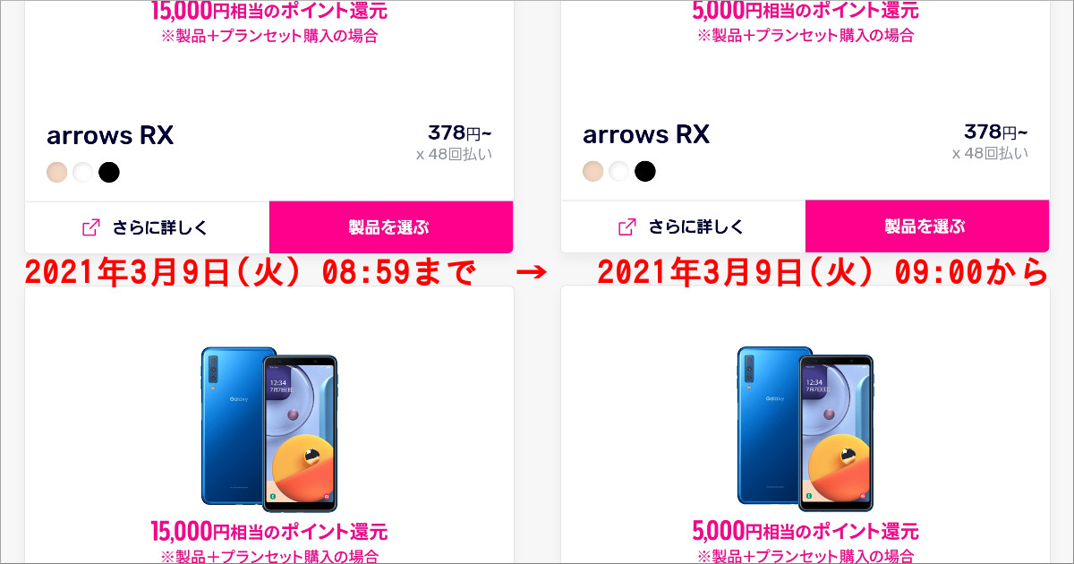 Galaxy A7とarrows RXの2021年3月9日前後のポイント数