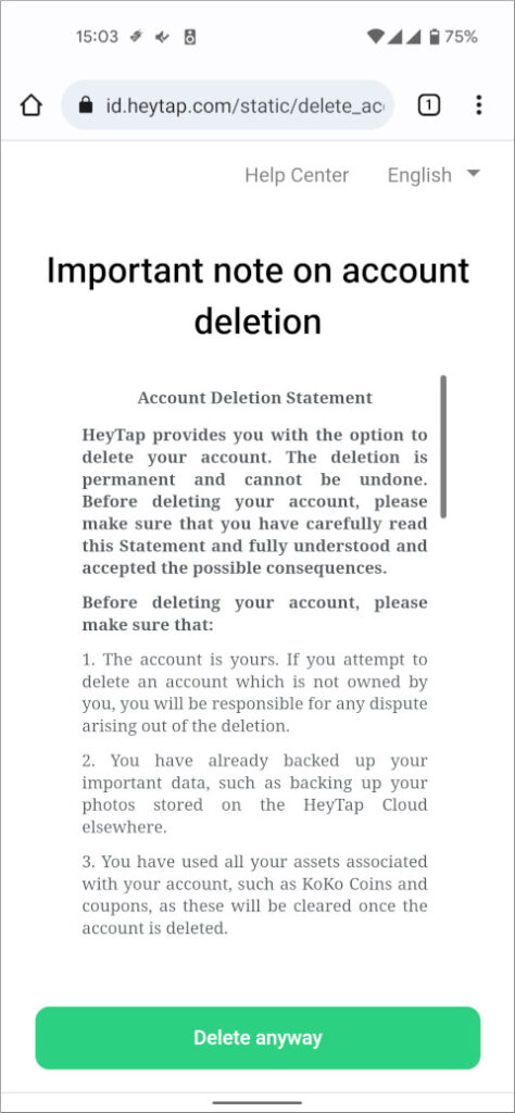 HeyTap Account Important note on account deletion