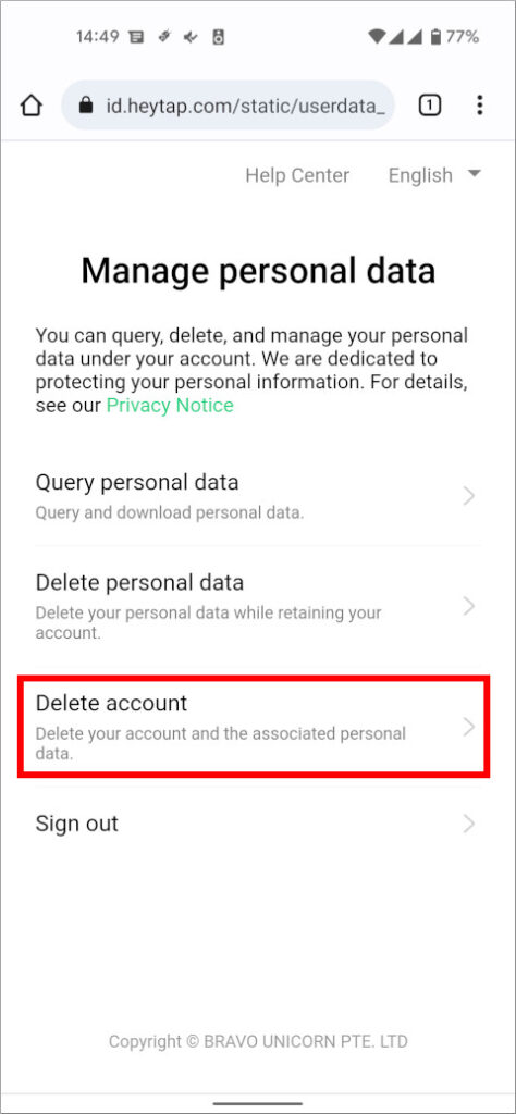 HeyTap Account Manage personal data