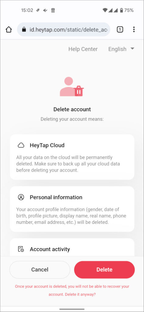 HeyTap Account Delete account